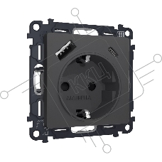 Комплект механизма электрической розетки ALFA Графит мягкое касание 2USB A+C 20W (быстрая зарядка) с/з QUANT (AP9100, VM160) MA910010