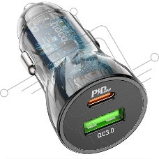 Автомобильная зарядка HOCO Z47A прозрачный 1xUSB-1xUSB-C, 3А PD30W QC3.0, черный