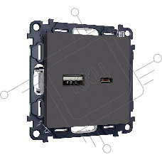 Комплект механизма розетки ALFA Графит мягкое касание 2USB A+C 20W (быстрая зарядка) QUANT (AP9110, VM177) MA911010