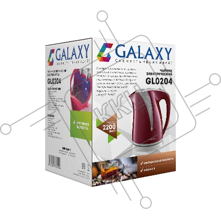 Чайник электрический GALAXY LINE GL 0204, красный, пластик, 2200 Вт, 2 л, съемный фильтр, шкала уровня воды, внутренняя подсветка