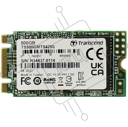 Накопитель SSD M.2 Transcend 500Gb MTS425 <TS500GMTS425S> (SATA3, up to 530/480MBs, 3D NAND, 180TBW, 22x42mm)
