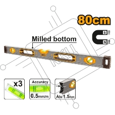 Пузырьковый уровень с мощными магнитами Ingco HSL38080M,80 см, 3 уровня