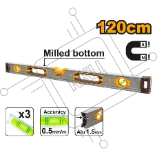 Пузырьковый уровень с мощными магнитами Ingco HSL38120M,120 см, 3 уровня
