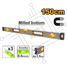 Пузырьковый уровень с мощными магнитами Ingco HSL38150M,150 см, 3 уровня