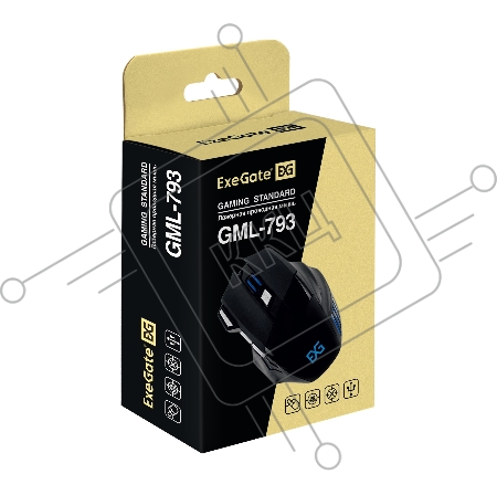 Мышь ExeGate EX289487RUS Gaming Standard Laser GML-793 (USB, лазерная, 800/1600/2400/3200dpi, 7 кнопок и колесо прокрутки, балансировочные грузики 36г, длина кабеля 1,5м, черная, Color box)