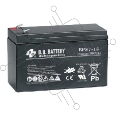 Аккумулятор B.B. Battery series BP, BP7-12, voltage 12V, capacity 7Ah (discharge 20 hours), max. discharge current (5 sec.) 105A, max. charge current 2.1A, lead-acid AGM type, T2 terminals, LxWxH 151x65x98mm, weight 2.54kg, service life 10 years