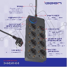 Сетевой фильтр Ippon BK-8-EU-5-10-B 5 м, 8 розеток, черный, коробка