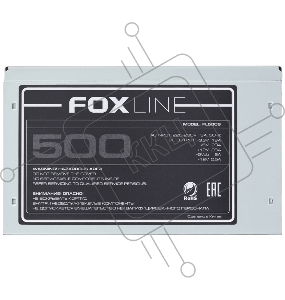 Блок питания 500Вт Power Supply Foxline, 500W, ATX, NOPFC, 120FAN, 3xSATA, 2xPATA, 1xFDD, 1xPCI-E, 24+4
