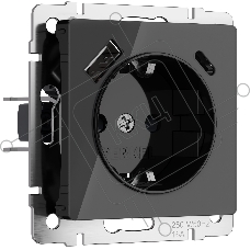 Розетка с заземлением, шторками и USB тип A+C (черный акрил)