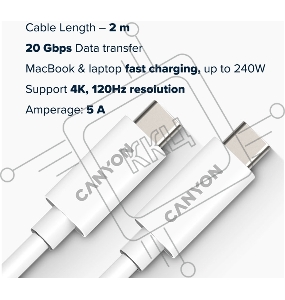 Кабель CANYON, U4-CC-5A2M-E, USB4 TYPE-C to TYPE-C cable assembly 20G 2m 5A 240W(ERP) with E-MARK, CE, ROHS, white