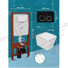 Комплект BAU 6 в 1: усиленная инсталляция BAU IDEAL, унитаз подвесной безободковый торнадо обратного потока Bau Stil 52х36 Hurricane-2, сиденье дюропласт микролифт, клавиша BAU Strike, черная матовая