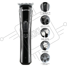 Триммер Vitek VT-2548 BK Питание сеть/аккумулятор. Встроенная аккумуляторная батарея NiMh 2x1,2V AAA 800 mAh. Время зарядки от сети 8ч. Время автономной работы 45мин. Влажная очистка. Детальный триммер. Индикатор зарядки. Число установок длины 8. Максимал