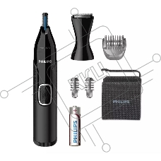 Триммер Philips для носа и ушей, черный, корпус - пластик, 3 насадки-гребня, насадка - триммер, щеточка для очистки, мягкий чехол, батарейка