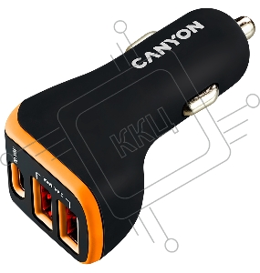 Адаптер CANYON Universal 3xUSB car adapter, Input 12V-24V, Output DC USB-A 5V/2.4A(Max) + Type-C PD 18W, with Smart IC, Black+Orange with rubber coating, 71*39*26.2mm, 0.028kg