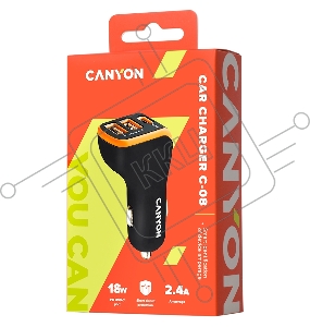Адаптер CANYON Universal 3xUSB car adapter, Input 12V-24V, Output DC USB-A 5V/2.4A(Max) + Type-C PD 18W, with Smart IC, Black+Orange with rubber coating, 71*39*26.2mm, 0.028kg