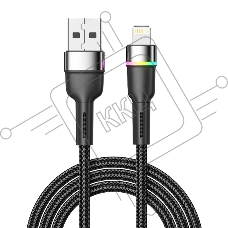 Кабель USB-A – Lightning для Apple, 2,4А, 1м, в черной нейлоновой оплетке, с LED подсветкой Rexant