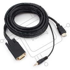 Кабель HDMI->VGA Cablexpert A-HDMI-VGA-03-5M, 19M/15M + 3.5Jack, медь, позол.разъемы, 5м, черный, пакет
