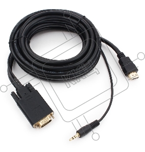 Кабель HDMI->VGA Cablexpert A-HDMI-VGA-03-5M, 19M/15M + 3.5Jack, медь, позол.разъемы, 5м, черный, пакет