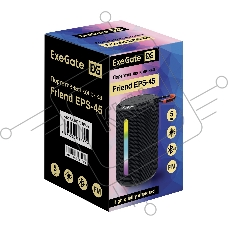 Портативная BT-колонка ExeGate Friend EPS-45 (5Вт, 50-20000Гц, Bluetooth, с поддержкой USB и TF/microSD карт, FM, Li-Ion 500mAh, цвет черный, RGB подсветка, зарядка USB Type-C, Color Box)