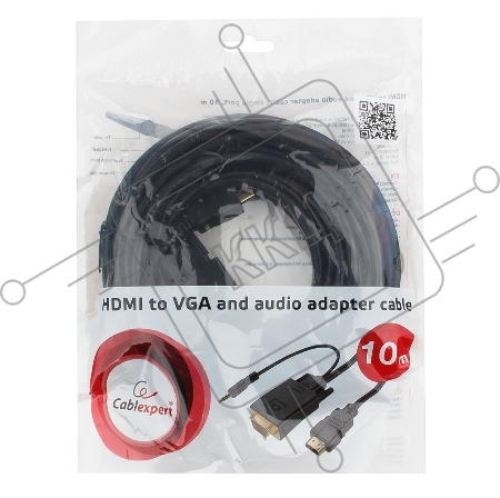 Кабель HDMI->VGA Cablexpert A-HDMI-VGA-03-10M, 19M/15M + 3.5Jack, медь, позол.разъемы, 10м, черный, пакет