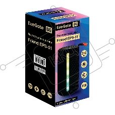 Портативная BT-колонка ExeGate Friend EPS-51 (2*5Вт, 50-20000Гц, Bluetooth, с поддержкой USB и TF/microSD карт, FM, Li-Ion 1200mAh, цвет черный, RGB подсветка, зарядка USB Type-C, Color Box)