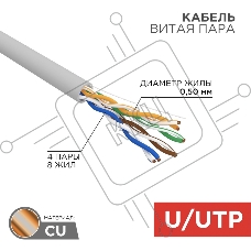 Кабель витая пара Rexant U/UTP, cat.5e, PVC нг(А)-LS, 4х2х0,52мм, 4PR, 24AWG, INDOOR, SOLID, серый, 305м