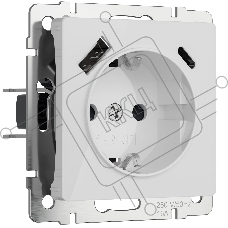 Розетка с заземлением, шторками и USB тип A+C (белый акрил)