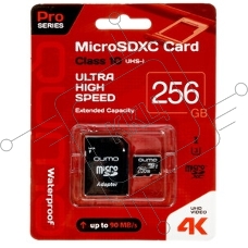 Флеш карта QUMO MicroSDXC 256 Gb 90/70 МБ/с UHS-I U3, Pro seria 3.0, адаптер в комплекте SD, красная картонная упаковка (QM256GMICSDXC10U3)