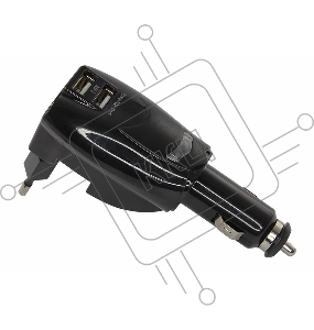 Универсальное ЗУ-трансформер авто+сетевое 2 USB цвет черный (2х1000 mA)c индикатором, блистер