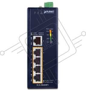 Коммутатор PLANET IP30 5-Port Gigabit Switch with 4-Port 802.3AT POE+ (-40 to 75 C)