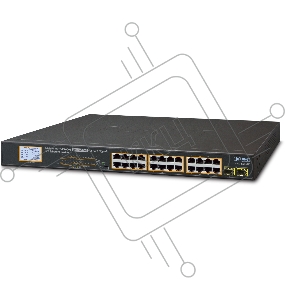 GSW-2620VHP неуправляемый коммутатор с LCD PoE мниторингом 24-Port 10/100/1000T 802.3at PoE + 2-Port 1000SX SFP Gigabit Switch with LCD PoE Monitor (300W PoE Budget, Standard/VLAN/Extend mode)