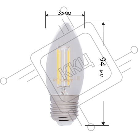 Лампа филаментная REXANT Свеча CN35 9.5 Вт 950 Лм 4000K E27 прозрачная колба