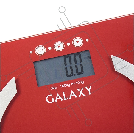 Весы многофункциональные GALAXY GL 4851, красный, электронные, эл. пит. «CR2032» в компл., макс вес 180 кг, сверхточ. элек. сенс. сист., ЖК-дисплей, авто. откл., индик. перег. и низ. зар., пам. изм. веса (10 чел.), опр. ур. жир., мышеч., кост. массы