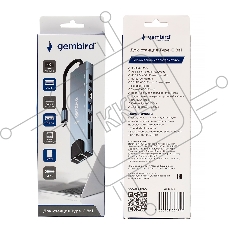 Док-станция Type-C Gembird UHB-D3, 8в1: USB2.0, USB3.1, Type-C PD87W, Type-C, HDMI, SD/TF, RJ45, кабель 20см, алюминий