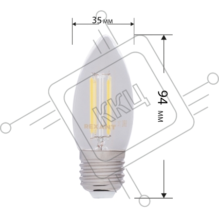 Лампа филаментная REXANT Свеча CN35 9.5 Вт 950 Лм 2700K E27 прозрачная колба
