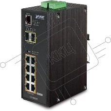 Индустриальный PoE коммутатор IGS-10020PT для монтажа в DIN-рейку IP30 L2+ SNMP Manageable 8-Port Gigabit POE(Af) Switch + 2-Port Gigabit SFP Industrial Switch (-40 to 75 C), ERPS Ring Supported, 1588