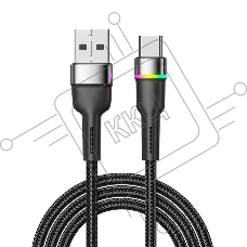 Кабель USB-A – Type-C, 3А, 18Вт, 1м, в черной нейлоновой оплетке, с LED подсветкой Rexant