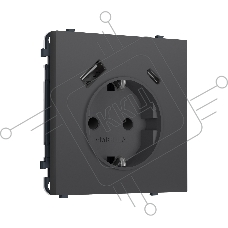 Комплект механизма электрической розетки SIGMA Графит Мягкое касание 2USB A+C 20W (быст. зар.) с/з с/ш 16A-250V QUANT PRO (SP9100, PR160)