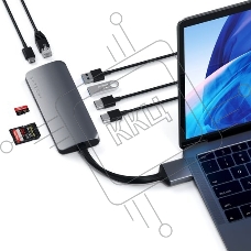 USB-концентратор Satechi Type-C Dual Multimedia Adapter для Macbook с двумя портами USB-C (2019/2018 MacBook Pro, 2018 MacBook Air and 2018 Mac Mini). Цвет серый космос.