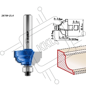 Фреза ЗУБР 28709-25.4  кромочная калевочная №7 d= 25.4мм дл.-12.7мм рад.-4.8мм хв.-8мм d-9.5мм