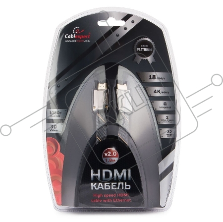 Кабель HDMI Cablexpert, серия Platinum, 1,8 м, v2.0, M/M, плоский, позол.разъемы, металлический корпус, нейлоновая оплетка, блистер