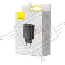 Сетевое зарядное устройство BASEUS Compact Quick Charger, два порта USB, один порт Type-C, 30W, 5V, 3.0A, черный