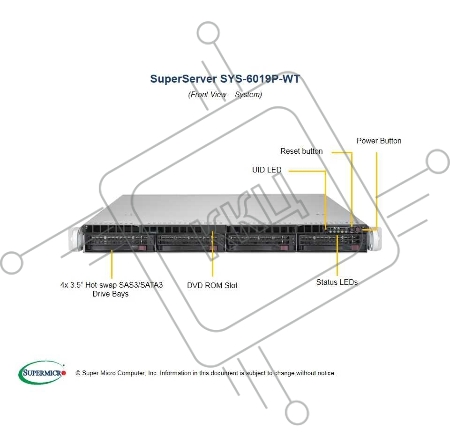 Платформа SuperMicro 6019P-WT - 1U - 4x SATA - Dual 1-Gigabit Ethernet - 12x DDR4 - 600W