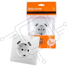 Розетка с заземлением 16А 250В+2 USB порта 2,1А 5В БЕЛАЯ 