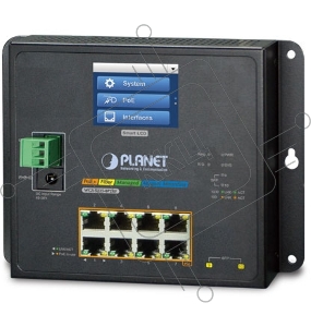 Коммутатор PLANET IP30, IPv6/IPv4, L2+ 8-Port 10/100/1000T 802.3at PoE + 2-Port 1G/2.5G SFP Wall-mount Managed Switch with LCD touch screen (-20~70 degrees C, dual power input on 48-56VDC terminal block and power jack, ERPS Ring, 1588, Modbus TCP, ONVIF, 