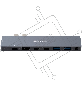 Концентратор-USB Canyon Multiport Docking Station with 8 port, 1*Type C PD100W+2*Type C data+2*HDMI+2*USB3.0+1*Audio. Input 100-240V, Output USB-C PD100W&USB-A 5V/1A, Aluminium alloy, Space gray, 135*48*10mm, 0.056kg