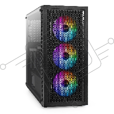 Компьютерный корпус Miditower ExeGate EVO-5001A (ATX, без БП, 2*USB+1*USB3.0+HD Audio, черный, 3 вент.12см с RGB подсветкой, боковая панель - закаленное стекло)