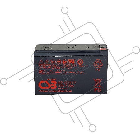 Батарея CSB серия GP, GP1272, напряжение 12В, емкость 7.2Ач (разряд 20 часов), макс. ток разряда (5 сек.) 100А, ток короткого замыкания 304А, макс. ток заряда 2.8A, свинцово-кислотная типа AGM, клеммы F1, ДxШxВ 150.9x64.8x98.6мм., вес 2.4кг., срок службы 