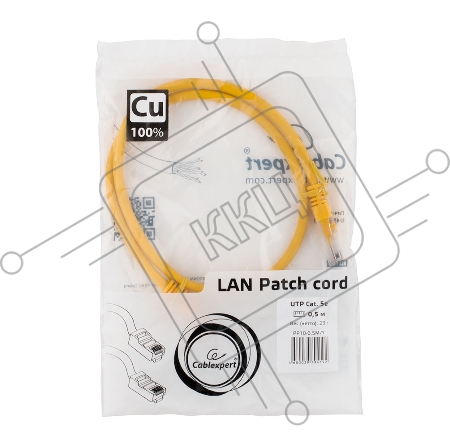 Патч-корд медный UTP Cablexpert PP10-0.5M/Y кат.5e, 0.5м, литой, многожильный (жёлтый)