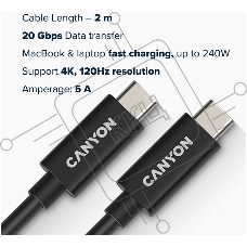 Кабель CANYON UC-42, USB4 TYPE-C to TYPE-C cable assembly 20G 2m 5A 240W(ERP) with E-MARK, CE, ROHS, black